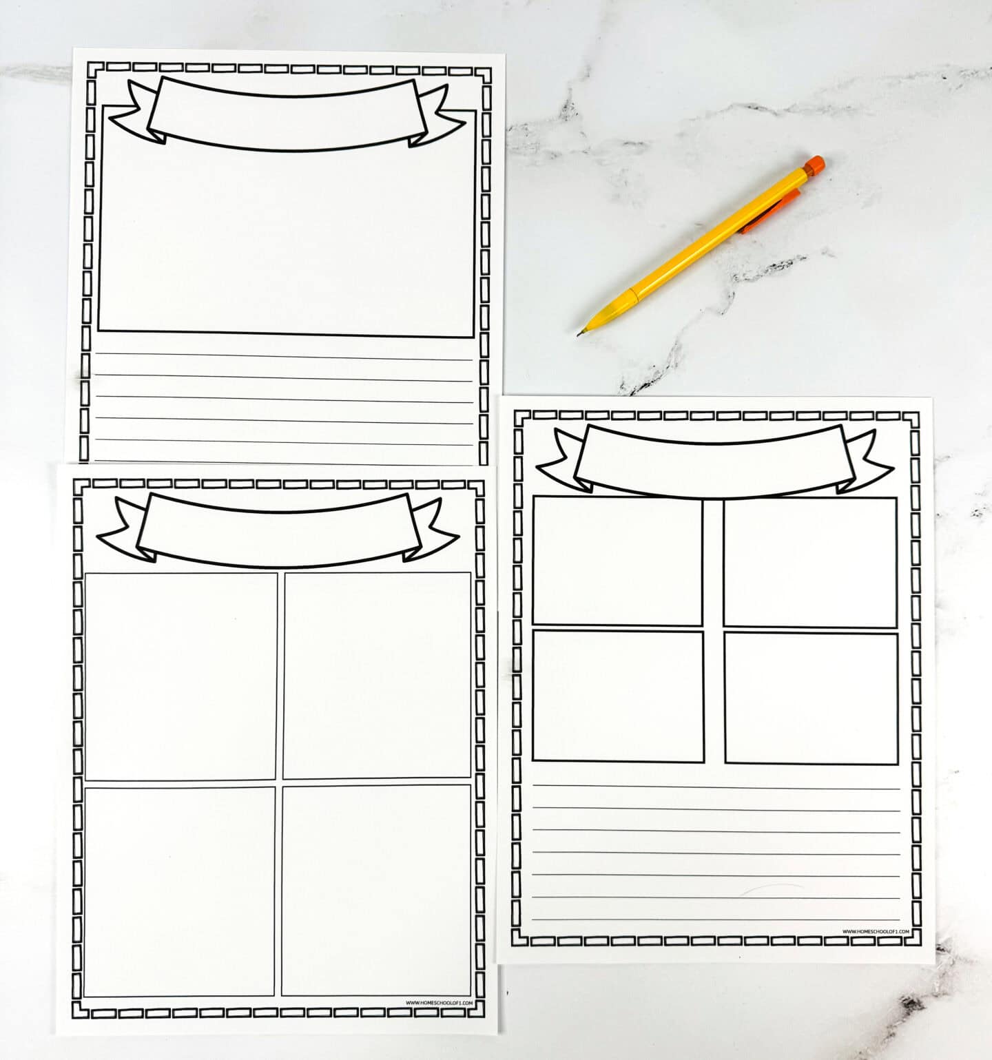 Set of three printable notebook pages with large and small boxes for sketches, stories, and student reflections.