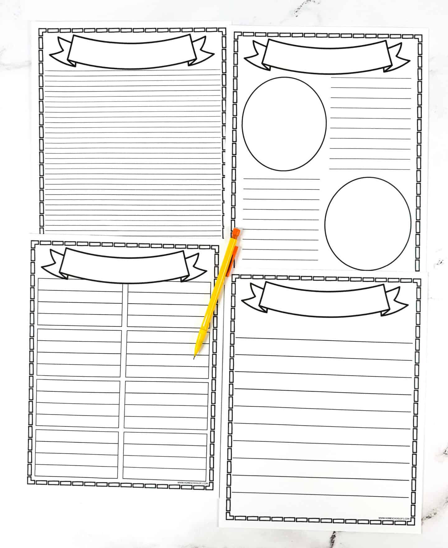 Four notebooking templates featuring lined, circle, and chart layouts for writing, drawing, and classroom projects.