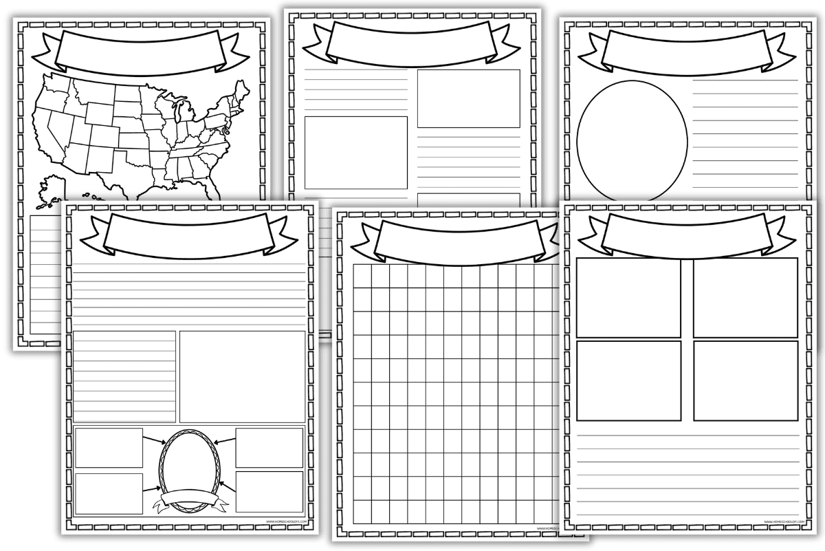 sIX printable notebooking pages with different layouts, including lined, grid, and map templates for writing, drawing, and note-taking across subjects.