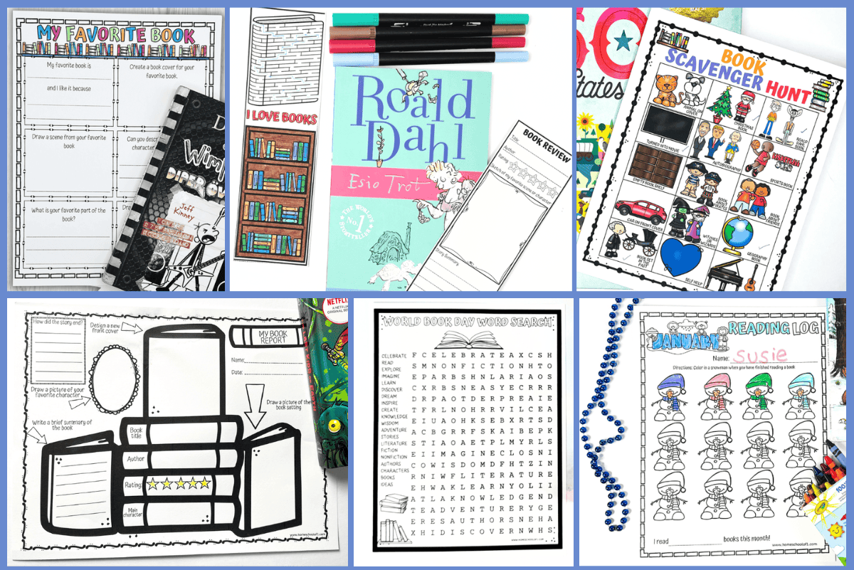 A collage of free reading printables featuring a book bingo challenge, monthly reading logs, book reports, and bookmarks for kids.