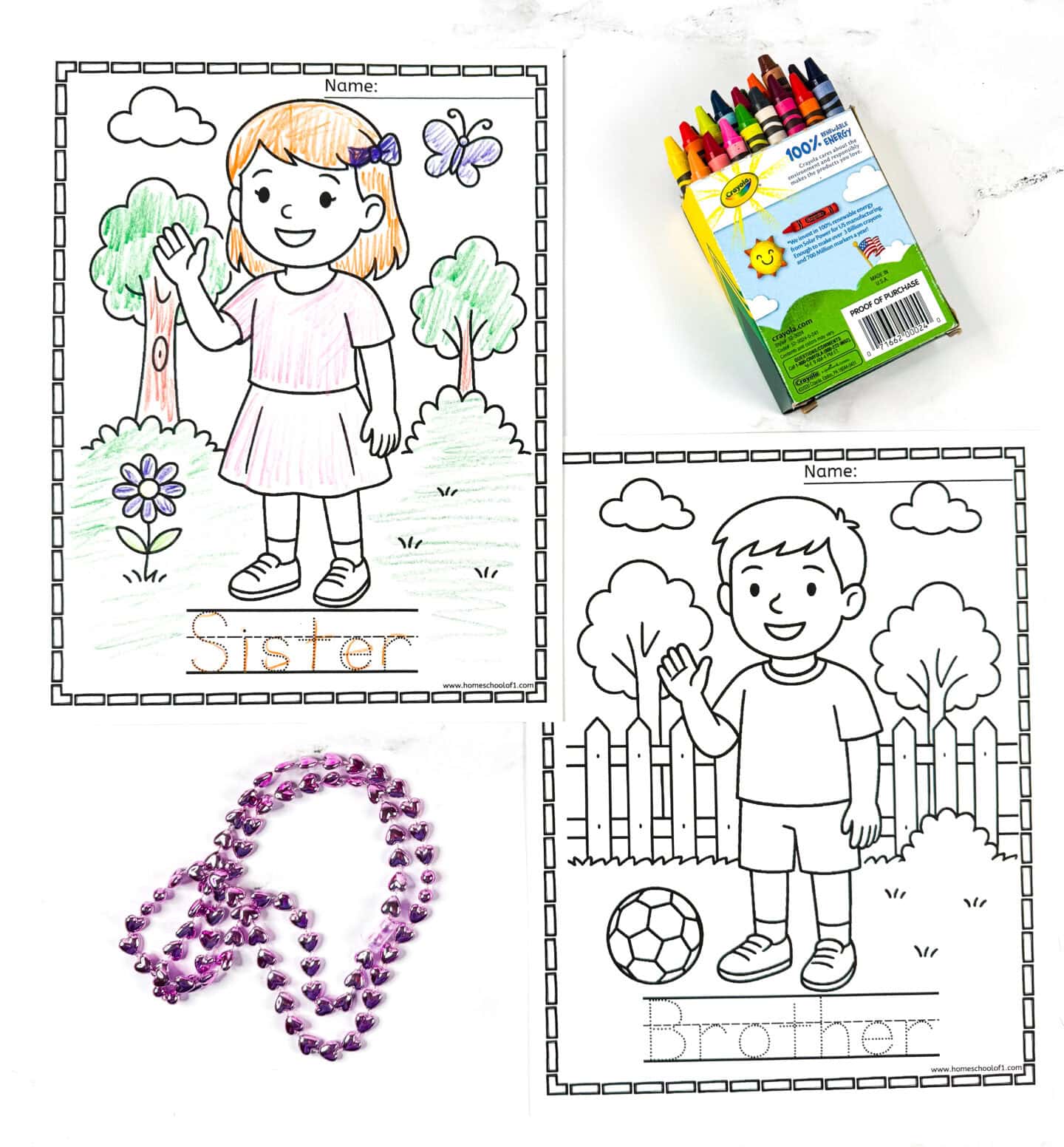 Brother and sister coloring pages for kids, one colored and one uncolored, with a box of crayons and a purple bead chain beside them.