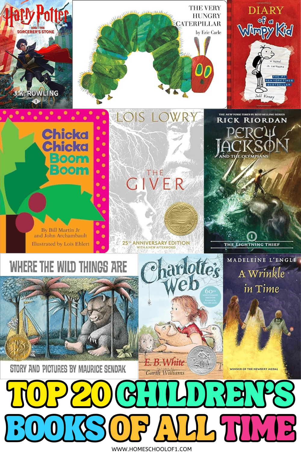 Collage of classic children’s books including Harry Potter, The Very Hungry Caterpillar, and Charlotte’s Web.