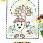 Single acorn coloring page with happy acorn character waving under a tree with squirrels, crayons beside the sheet.