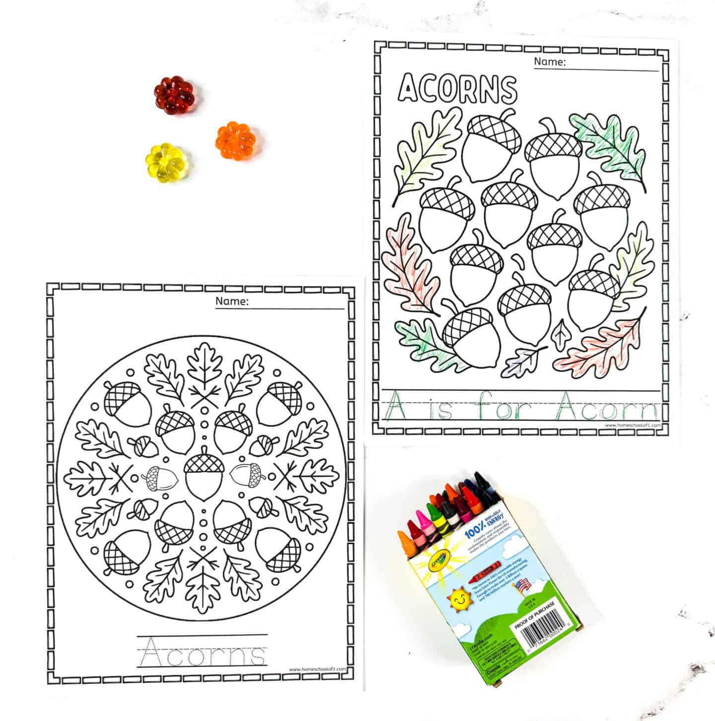 Printable acorn mandala coloring page and A is for Acorn worksheet with tracing and fall leaf details for preschoolers.