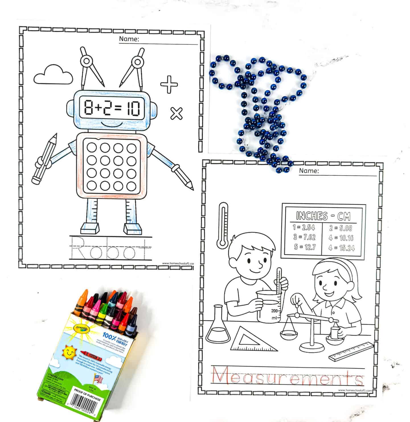 Free printable math coloring sheets featuring a Calculator Robot solving 8+2=10 and a Measurements Lab scene with kids comparing inches and centimeters using rulers and beakers.