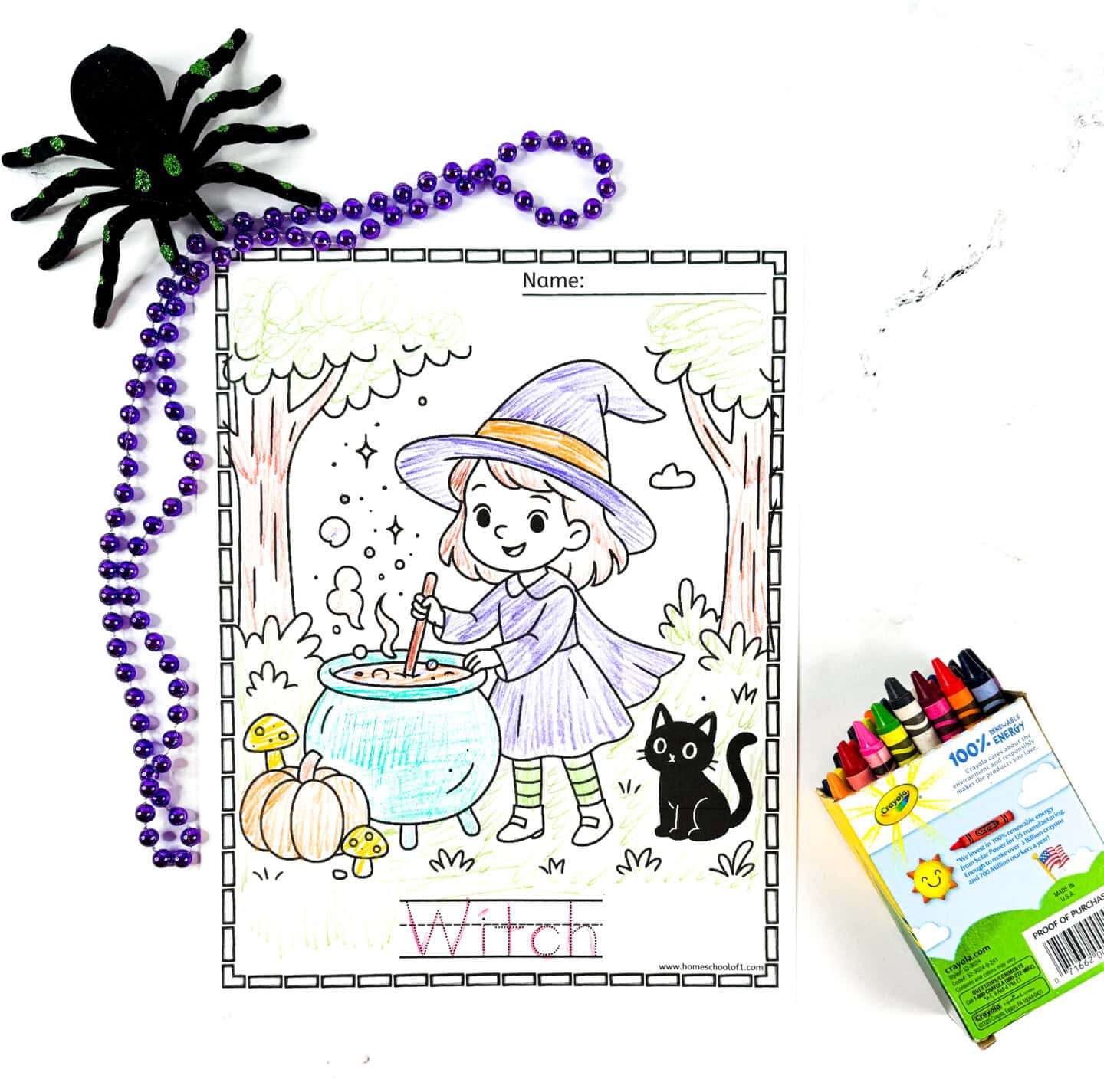 Adorable witch coloring page featuring a smiling witch stirring a bubbling cauldron beside a pumpkin and black cat, with crayons and Halloween beads for decoration.