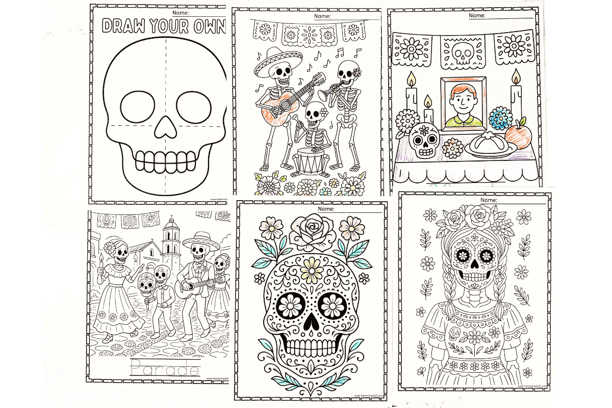 Printable Day of the Dead coloring pages featuring musicians, ofrenda, sugar skulls, and Catrina art.