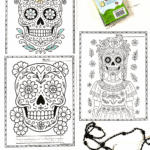 Free Day of the Dead coloring pages showing sugar skulls and Catrina designs for kids to color.