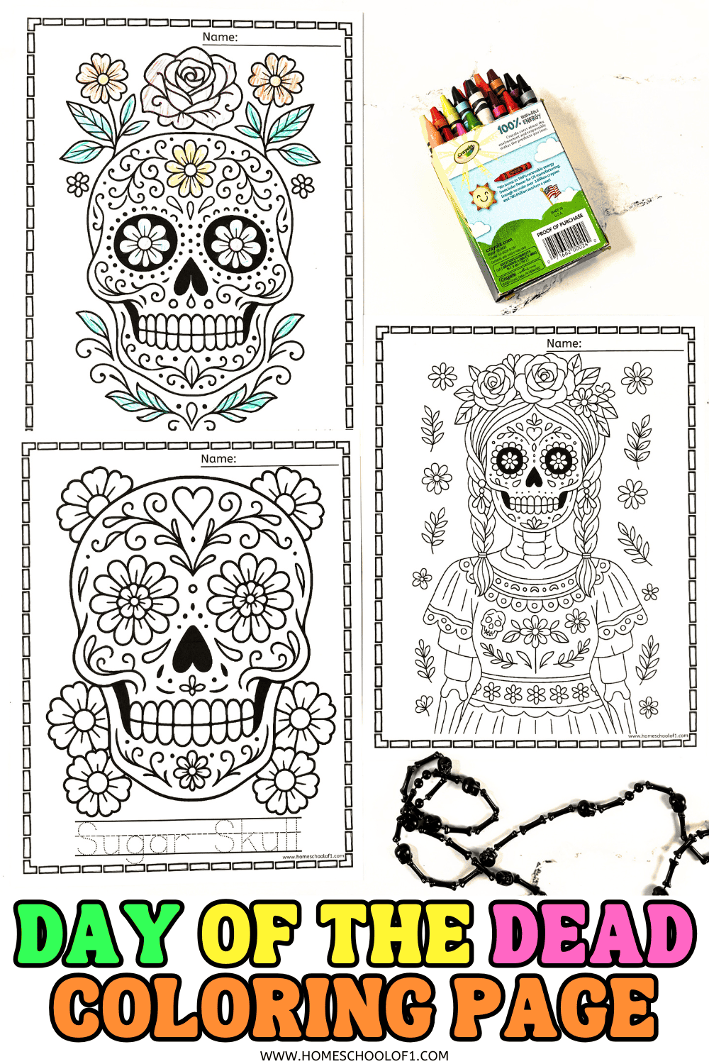 Free Day of the Dead coloring pages showing sugar skulls and Catrina designs for kids to color.
