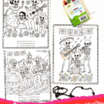 Free printable Día de los Muertos coloring pages for kids featuring family, music, and parade scenes.