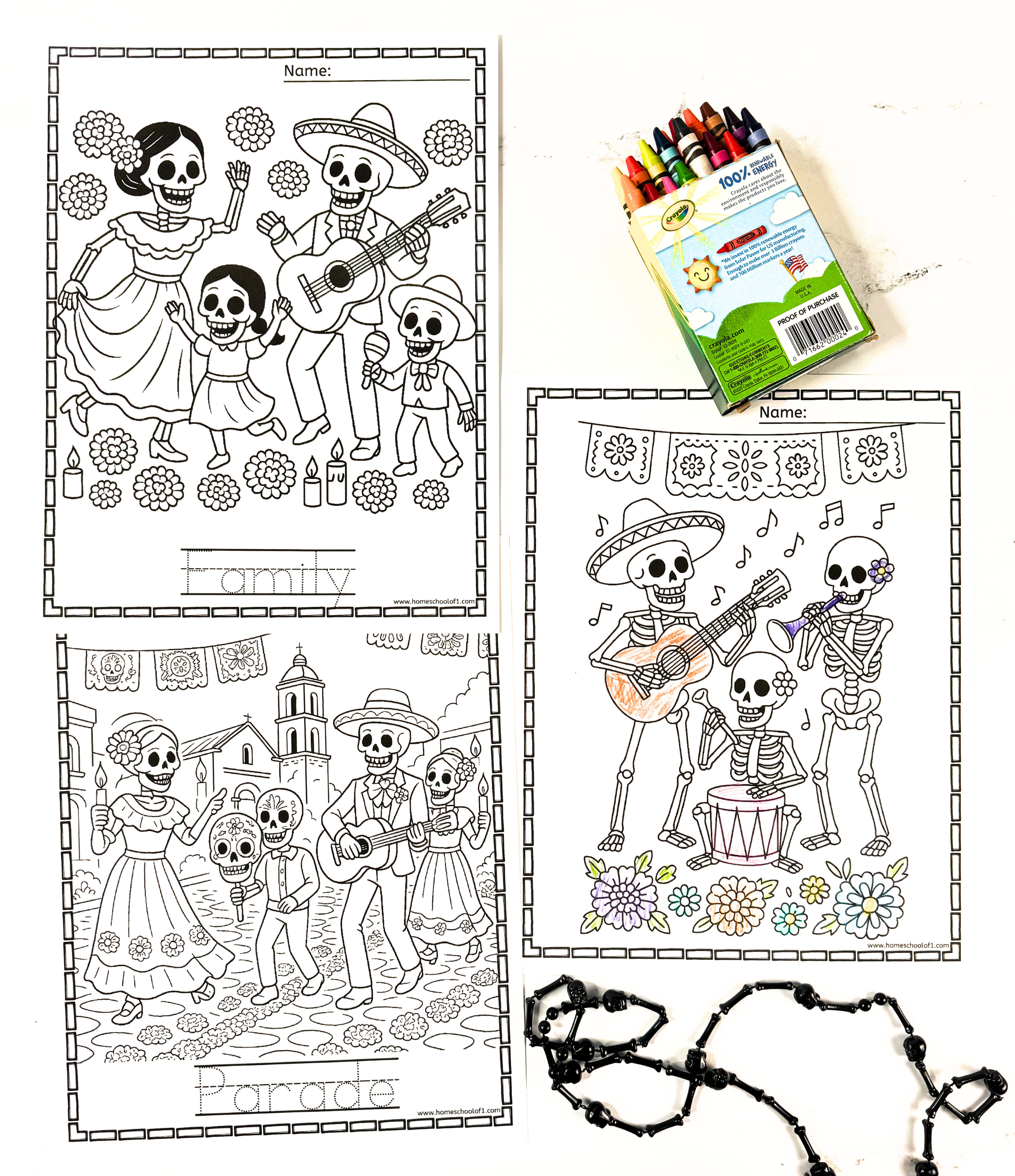 Day of the Dead coloring sheets showing family, parade, and skeleton musician pages with crayons.
