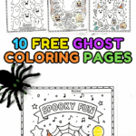 Collection of ten free ghost coloring pages for kids featuring pumpkins, haunted houses, cats, and fun Halloween scenes.