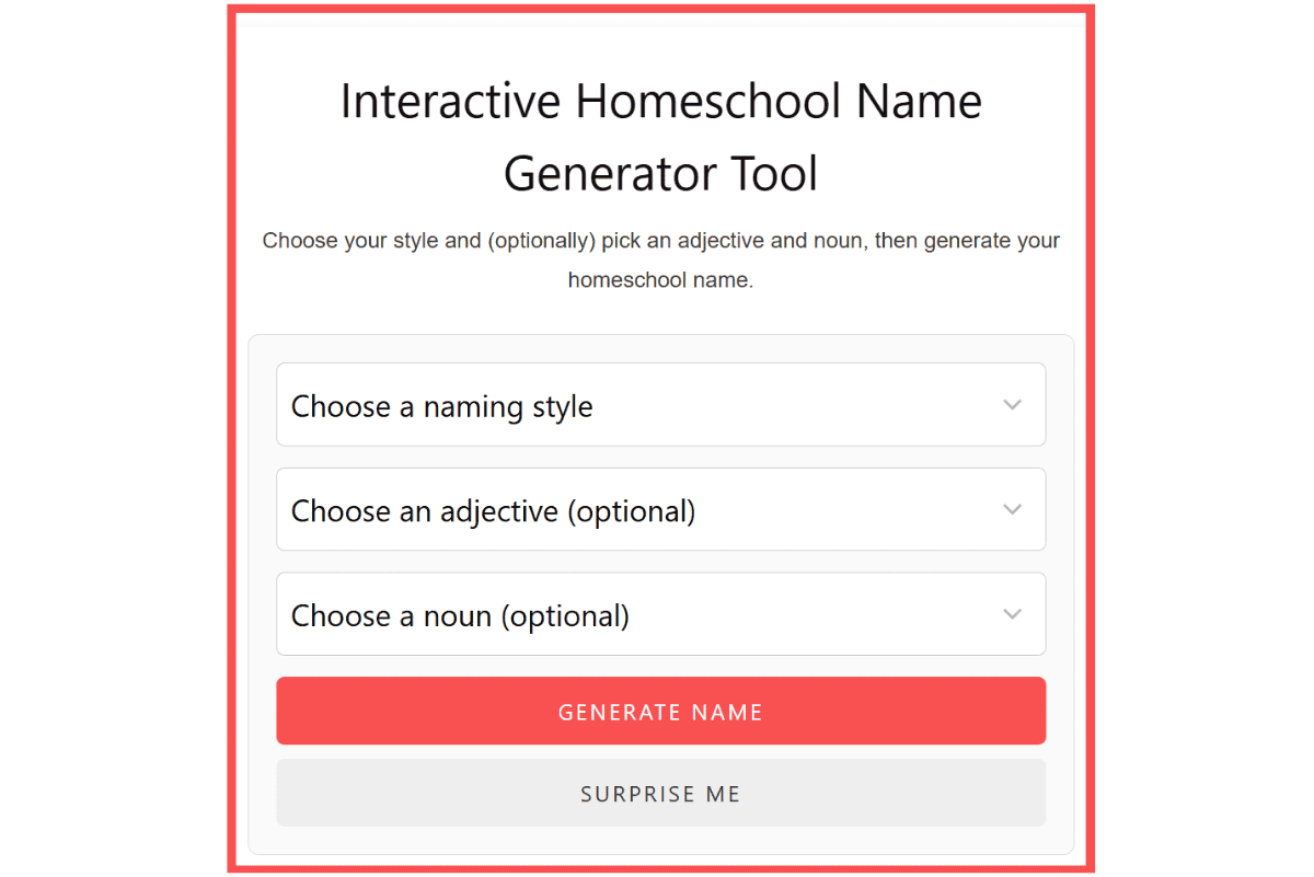 Example of homeschool name generator showing a generated name “Green Horizon Academy” with red generate button and copy option.