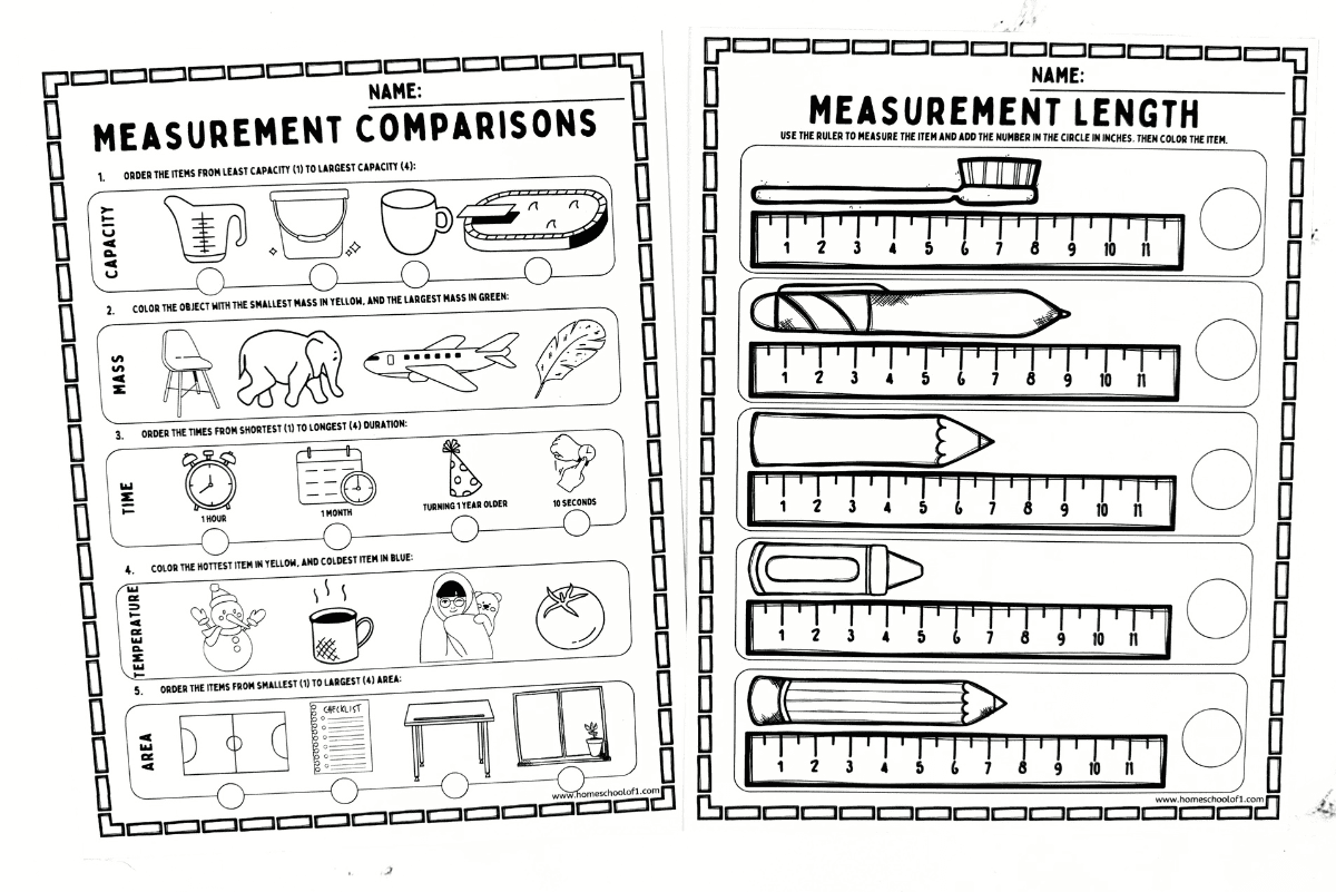 Black-and-white printable measurement worksheets featuring comparison and ruler activities for elementary students.