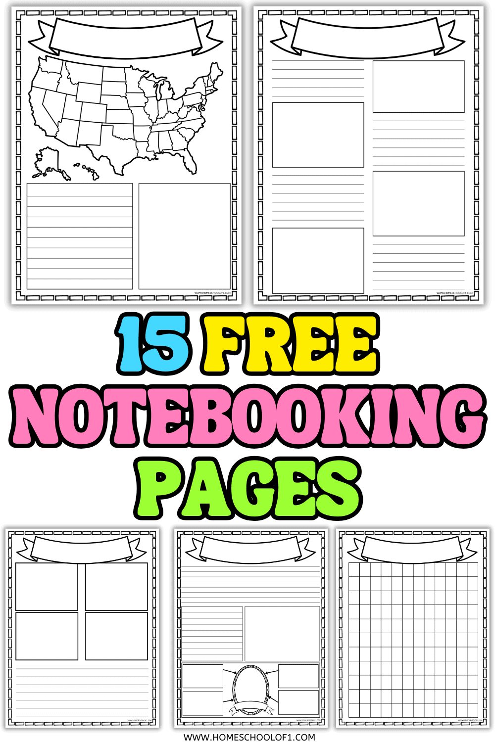 Collection of free notebooking pages showing U.S. map, lined, and grid layouts for writing, drawing, or research projects. Ideal for homeschool or classroom lessons.
