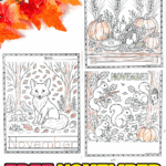 Three free November coloring pages featuring a fox in the forest, squirrels with pumpkins, and a Thanksgiving harvest table.