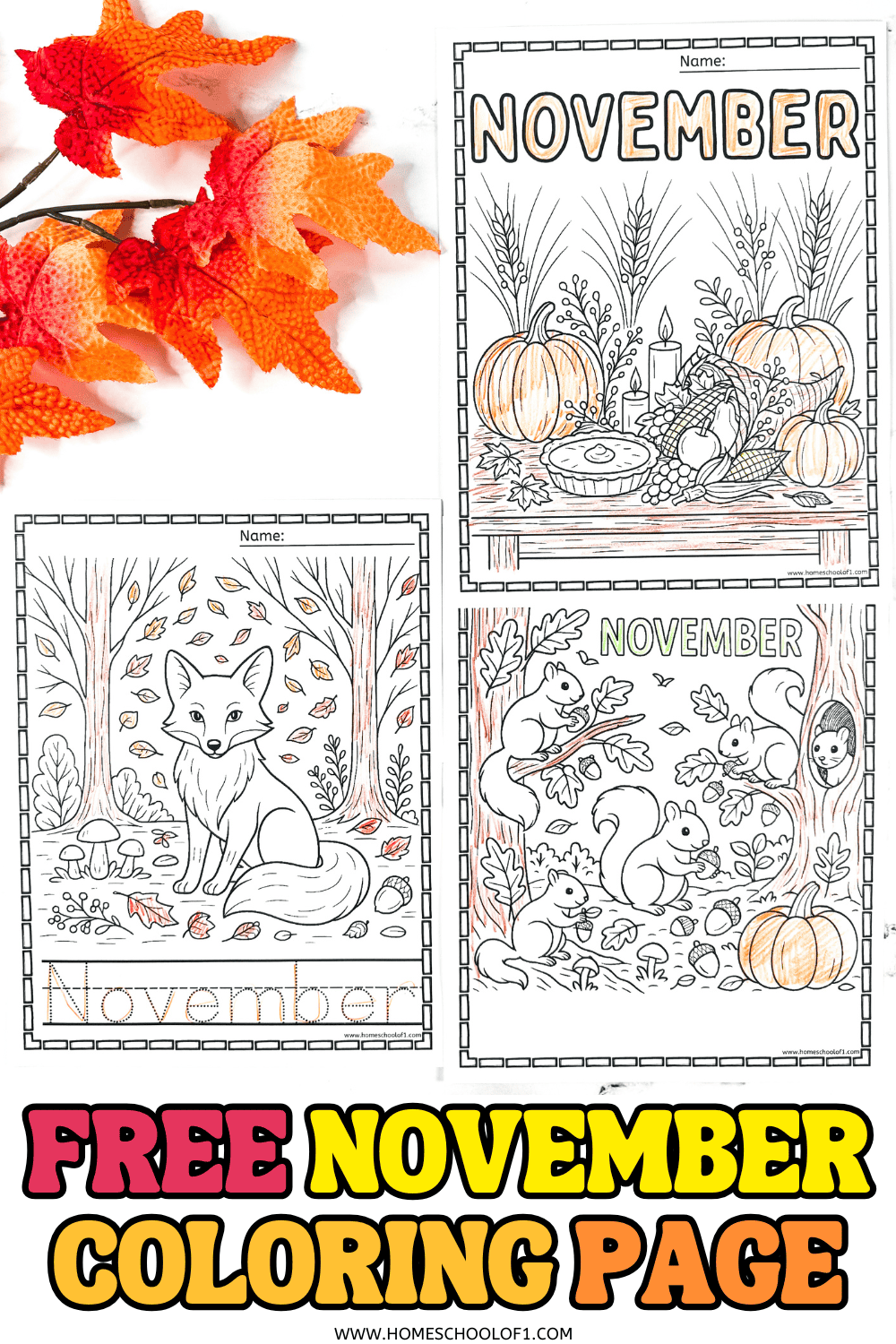 Three free November coloring pages featuring a fox in the forest, squirrels with pumpkins, and a Thanksgiving harvest table.