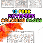 Ten free printable November coloring pages featuring pumpkins, scarecrows, foxes, squirrels, and autumn leaves.
