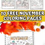 Collection of 10 free November coloring pages for kids with pumpkins, leaves, foxes, and a harvest dinner scene.