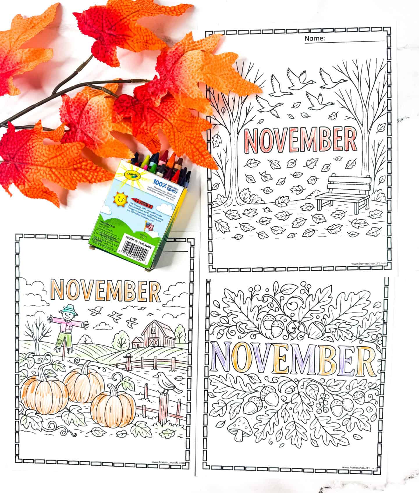 Three printable November coloring pages showing a scarecrow with pumpkins, a park bench with falling leaves, and oak leaf patterns with acorns.