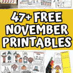 Collage of November-themed worksheets for kids including Veterans Day, Election Day, Thanksgiving, polar bears, and Day of the Dead printables.