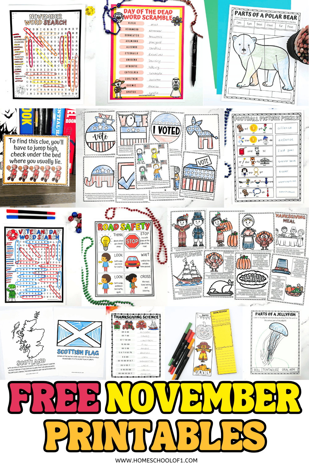 Collection of November printables for kids featuring holiday worksheets, word searches, coloring pages, and educational activities.