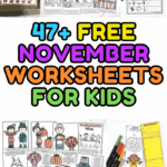 November printable activity set including worksheets for Day of the Dead, Election Day, Road Safety Week, and Thanksgiving learning fun.