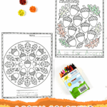 Free printable acorn coloring sheets featuring mandala and A is for Acorn page with crayons and fall leaves.