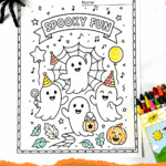Cute “Spooky Fun” ghost coloring page with four happy ghosts, balloons, and party hats. Halloween printable activity for preschool and kindergarten.