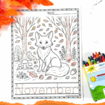 Free printable November coloring sheet featuring a cute fox sitting in a forest with autumn leaves, mushrooms, and trees to color.
