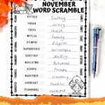Completed November word scramble worksheet with fall leaves, pen, and “Free Printable” text overlay.