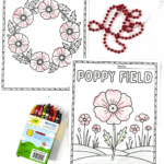 Poppy wreath and poppy field coloring sheets with red beads and crayons.