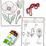 Poppy coloring sheet with butterfly and poppy life cycle diagram beside crayons.
