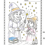 Two friendly witches coloring page – older witch teaching a young girl magic with a wand, stars, and candles – printable Halloween coloring sheet for kids.
