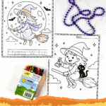 Printable witch coloring pages featuring flying witch on broomstick and witch with potion and black cat, shown with crayons and Halloween beads.