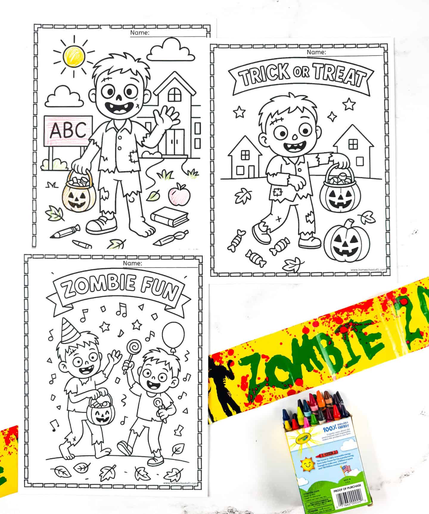 Free printable zombie coloring pages for kids with fun Halloween scenes including a zombie at school, trick-or-treating, and a “Zombie Fun” party.