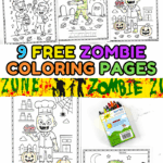 Collection of nine free zombie coloring pages for kids featuring cartoon characters and pumpkins.
