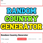 Screenshot of the free Random Country Generator tool showing buttons to pick, remove, or reset countries, with a bright “Random Country Generator” title graphic in blue, green, and yellow.
