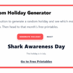 Close-up of the Random Holiday Generator showing “Shark Awareness Day” as the selected result and buttons to generate or reset holidays.