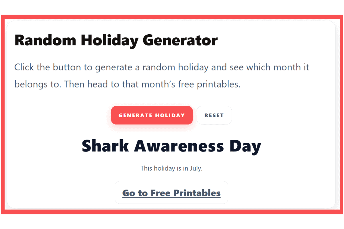 Close-up of the Random Holiday Generator showing “Shark Awareness Day” as the selected result and buttons to generate or reset holidays.