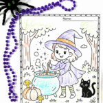 Cute witch stirring a cauldron with a black cat beside her – free printable witch coloring page for preschoolers and early learners.