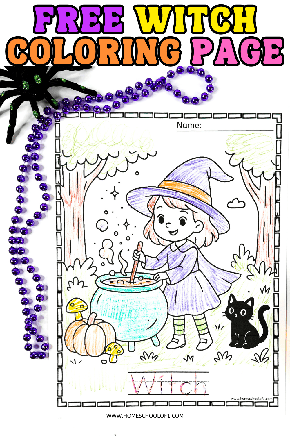 Cute witch stirring a cauldron with a black cat beside her – free printable witch coloring page for preschoolers and early learners.