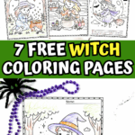 Collection of witch coloring pages for kids – witches with cauldrons, black cats, pumpkins, and broomsticks – free printable Halloween coloring pack.