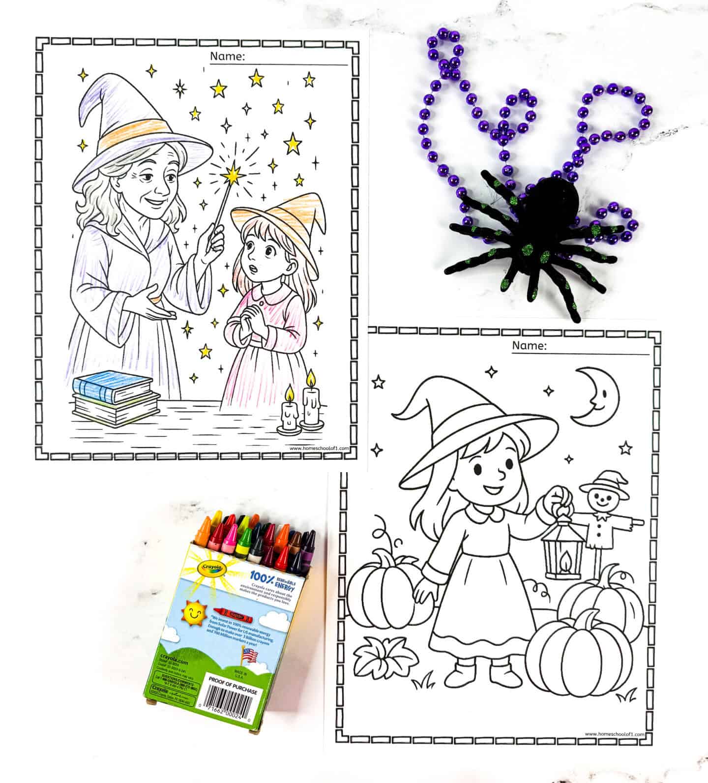 Two witch coloring pages for kids — one shows an older witch teaching a young girl magic, and the other a smiling witch with pumpkins and a lantern. Crayons, purple beads, and a spider add a Halloween touch.