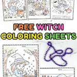 Set of seven witch coloring pages for kids showing witches flying, mixing potions, and casting spells – printable Halloween activity sheets.