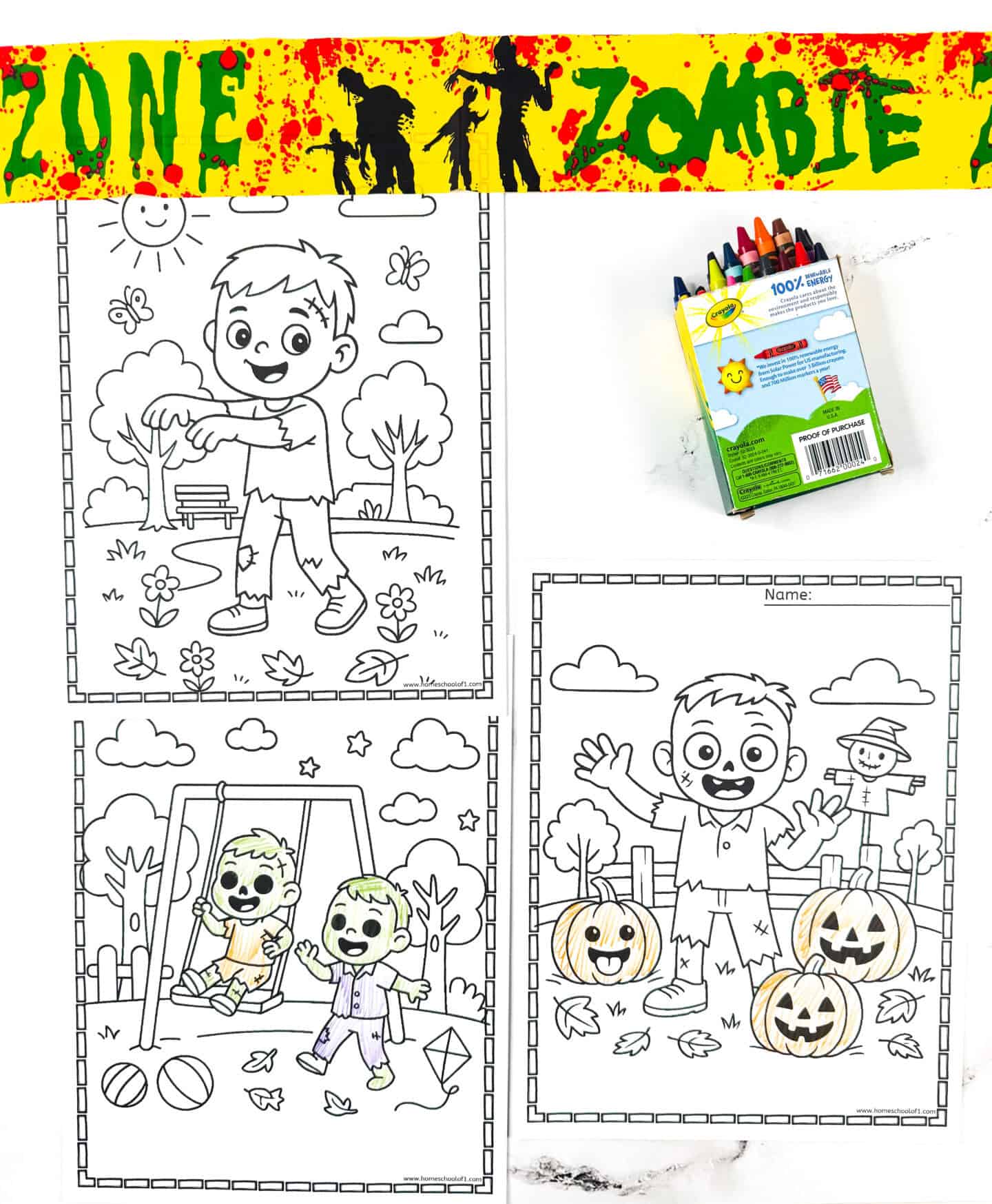 Free zombie color pages for kids showing friendly cartoon zombies playing in a park, walking outdoors, and standing with pumpkins and a scarecrow.