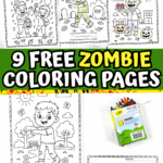 Cute zombie coloring pages showing cartoon family, kids playing, and Halloween pumpkins.