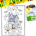 Ghost coloring sheet showing happy ghosts around a haunted house with bats, moon, and pumpkins. Halloween printable for kids with crayons beside it.