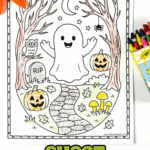 Friendly ghost coloring page with pumpkins, owl, spider, trees, and moon. Halloween printable activity for early learners using crayons.
