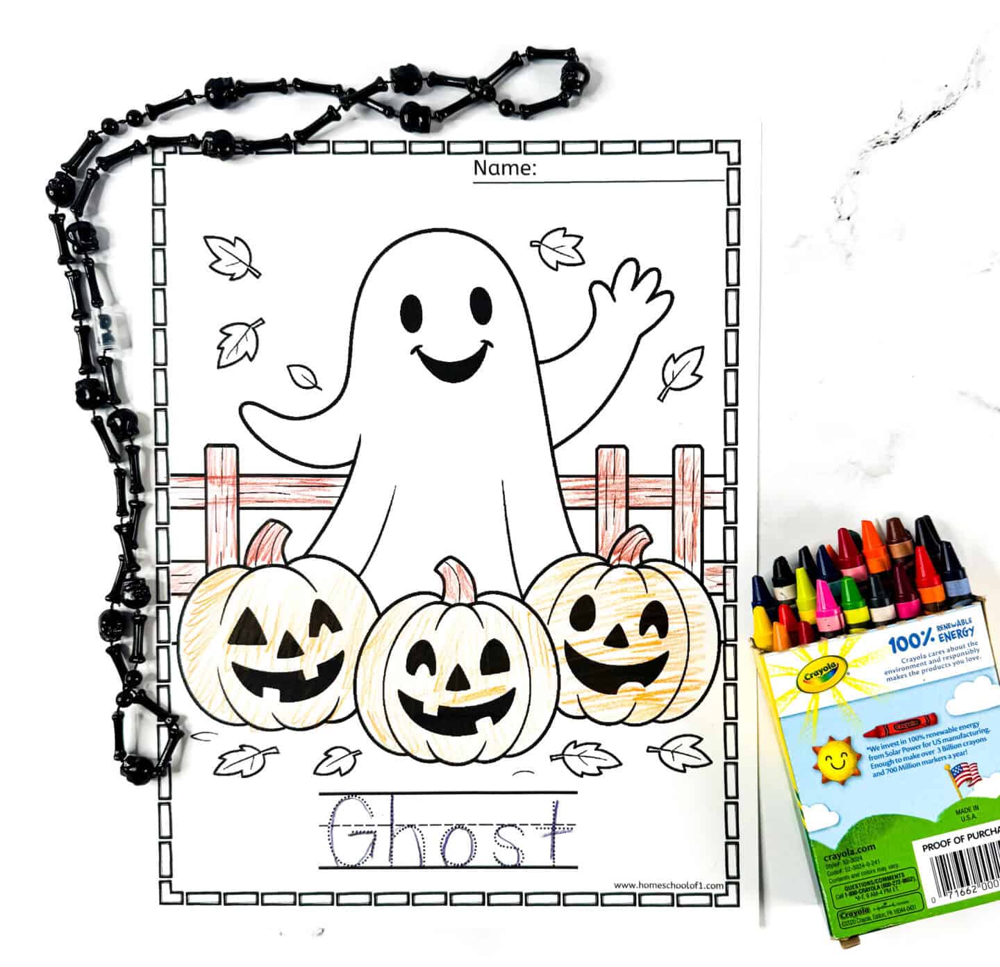 Friendly ghost waving beside three pumpkins with the word “Ghost” for tracing. Perfect preschool coloring activity.